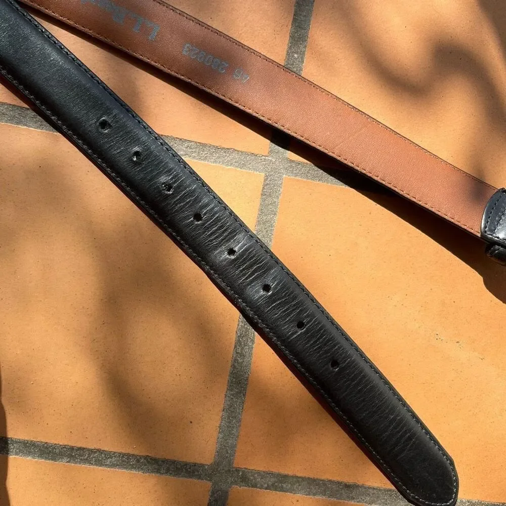 L.L.Bean Black Full Grain Leather Belt Sz 46 USA Silver Buckle 42–49
